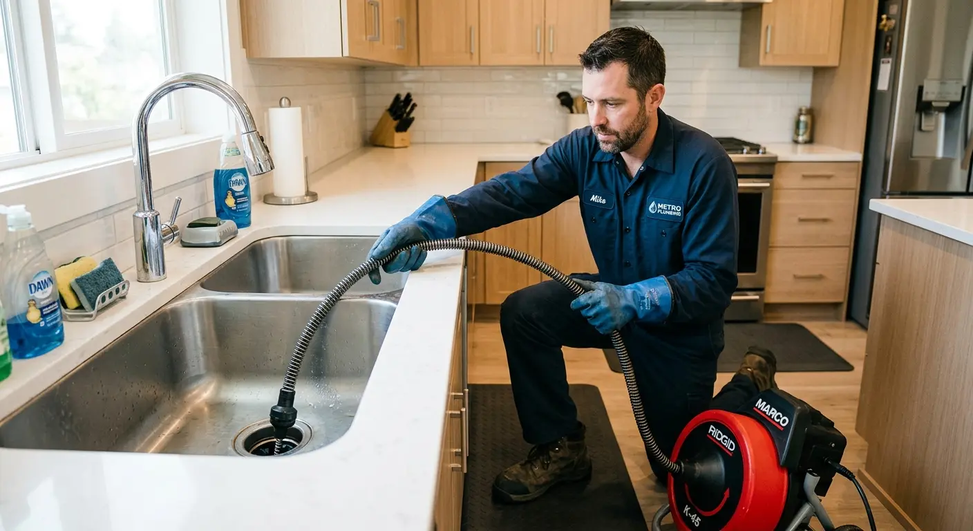 Drain cleaning technician using a motorized snake on a kitchen sink in Ewa Beach