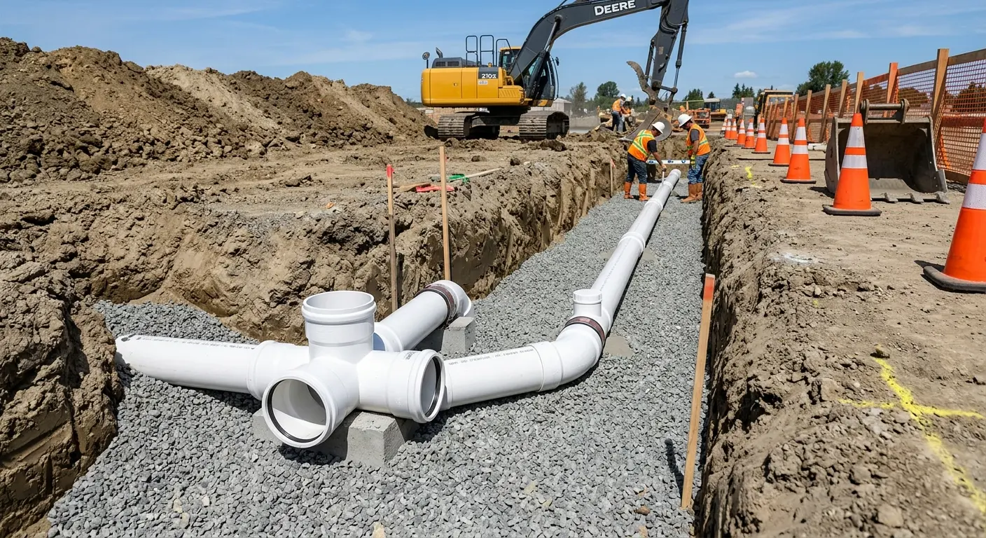 New PVC sewer pipe installation in open trench for Grease Trap Cleaning in Ewa Beach