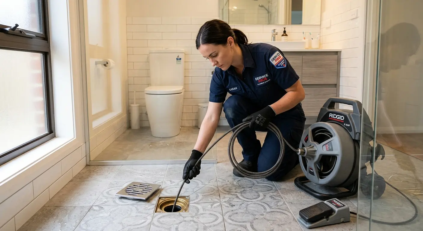 Technician clearing a bathroom floor drain for Drain Cleaning in Ewa Beach